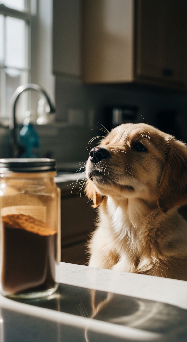 A dog looking at a jar of cinnamon.