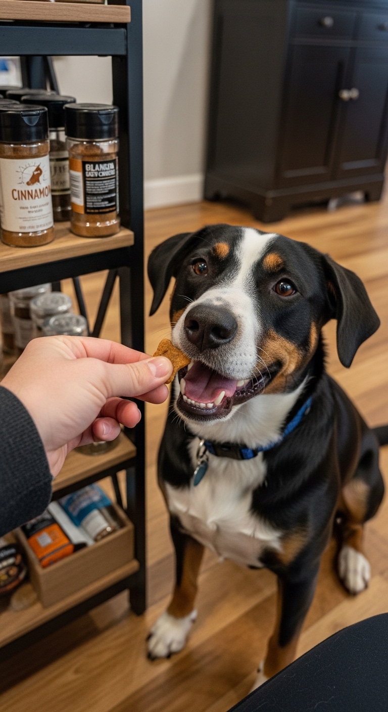 A dog eating a cinnamon cookie.
