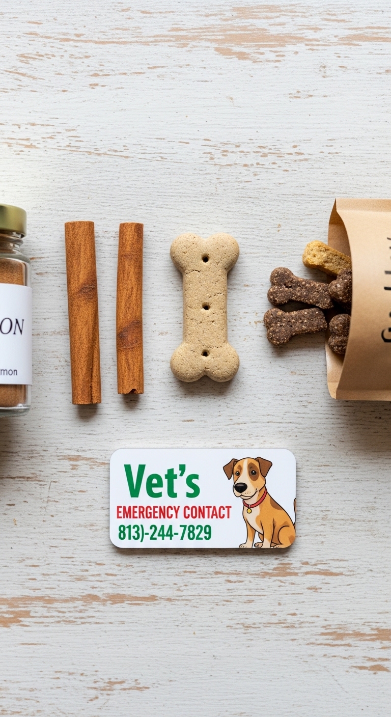 A can of cinnamon is on a table with a dog biscuit and a dog treat.