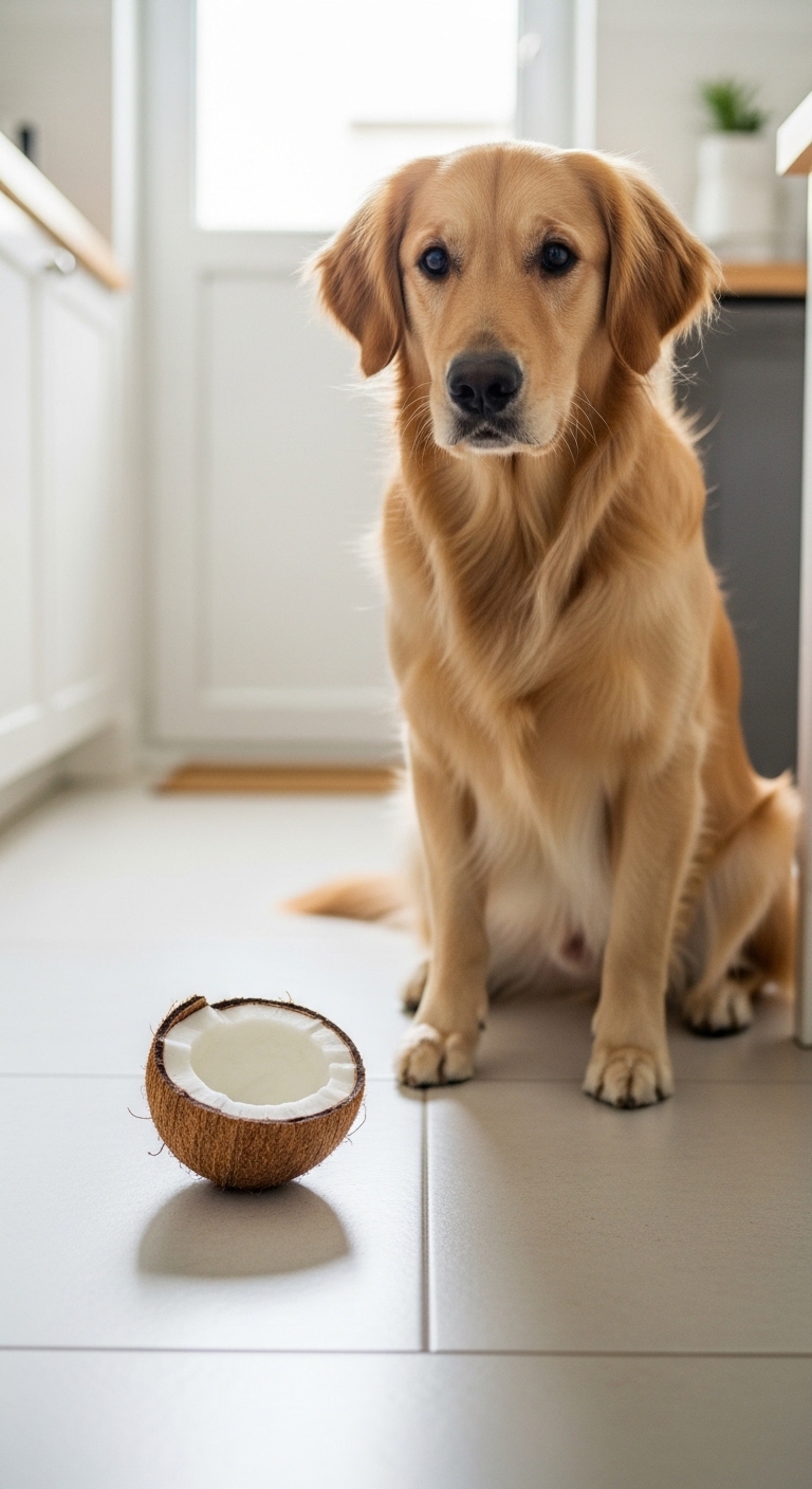 A dog is sitting next to a coconut.