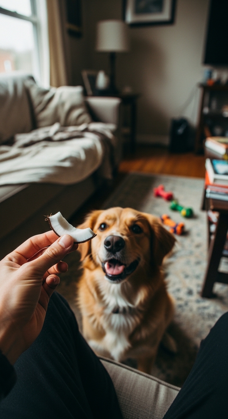 A dog is eating a piece of coconut.