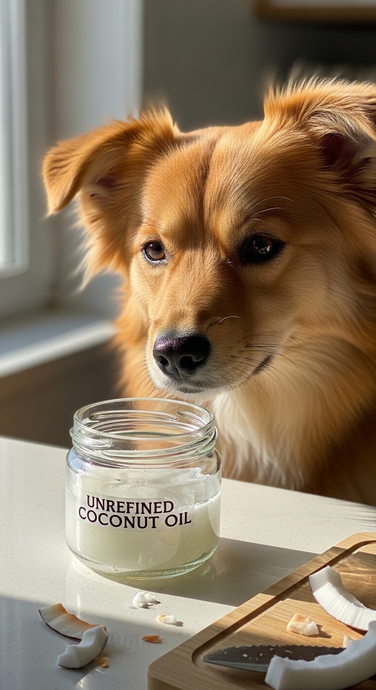 A dog looking at a jar of coconut oil.