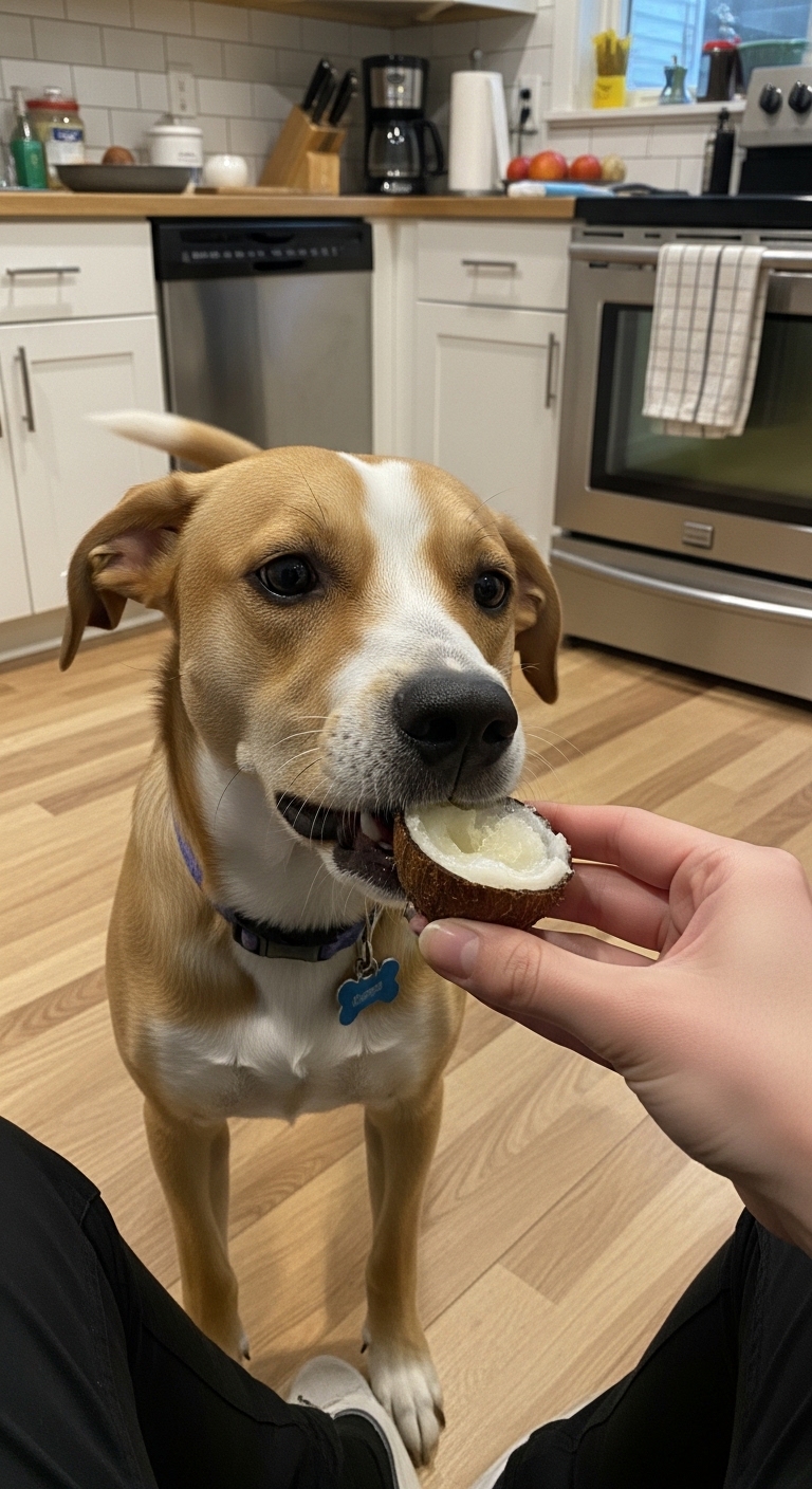 A dog eating a piece of food.