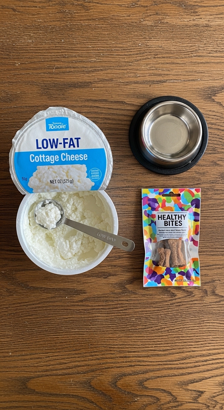 A container of low-fat cottage cheese sits next to a bag of dog treats.
