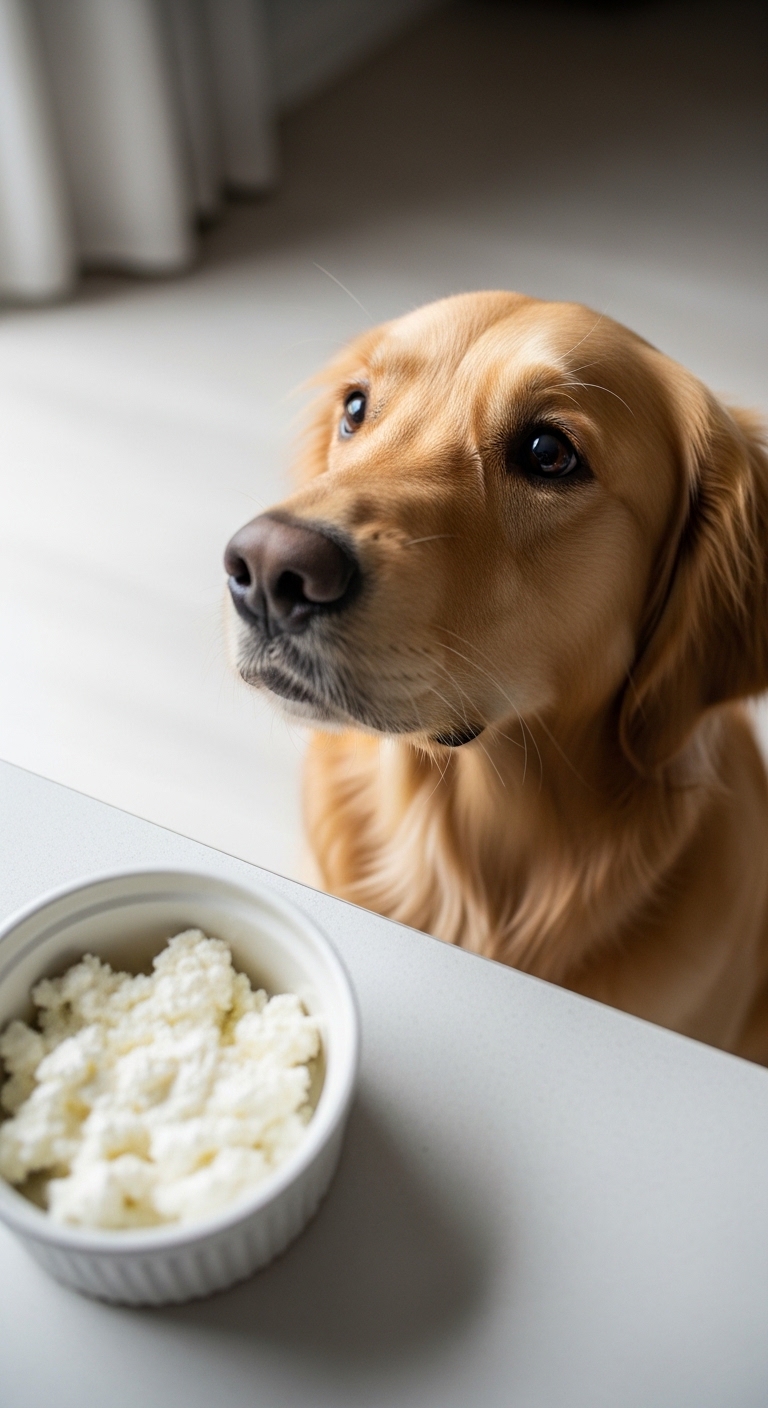 A dog is looking at a bowl of cottage cheese.