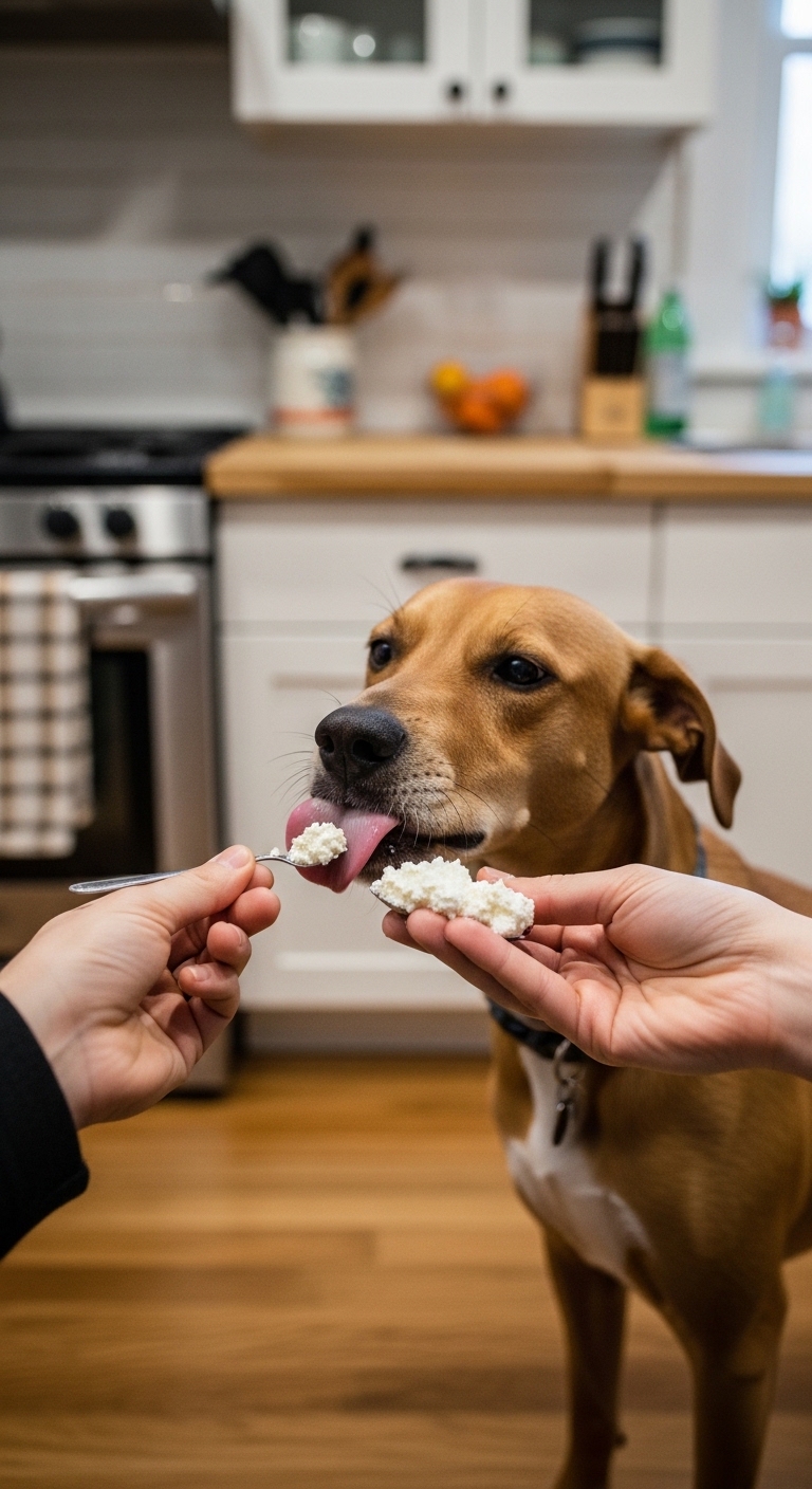 A dog eating cottage cheese.