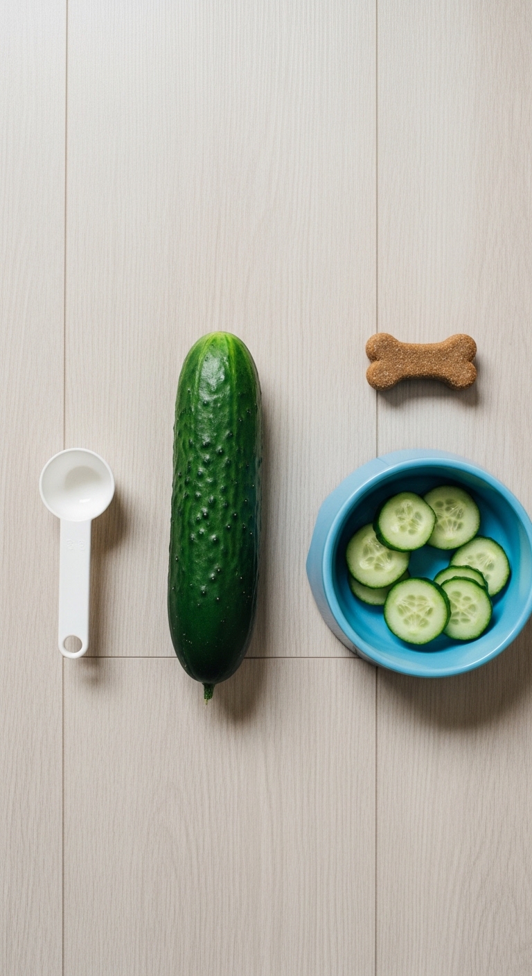 A cucumber, a bowl of cucumbers, and a dog bone are on a table.