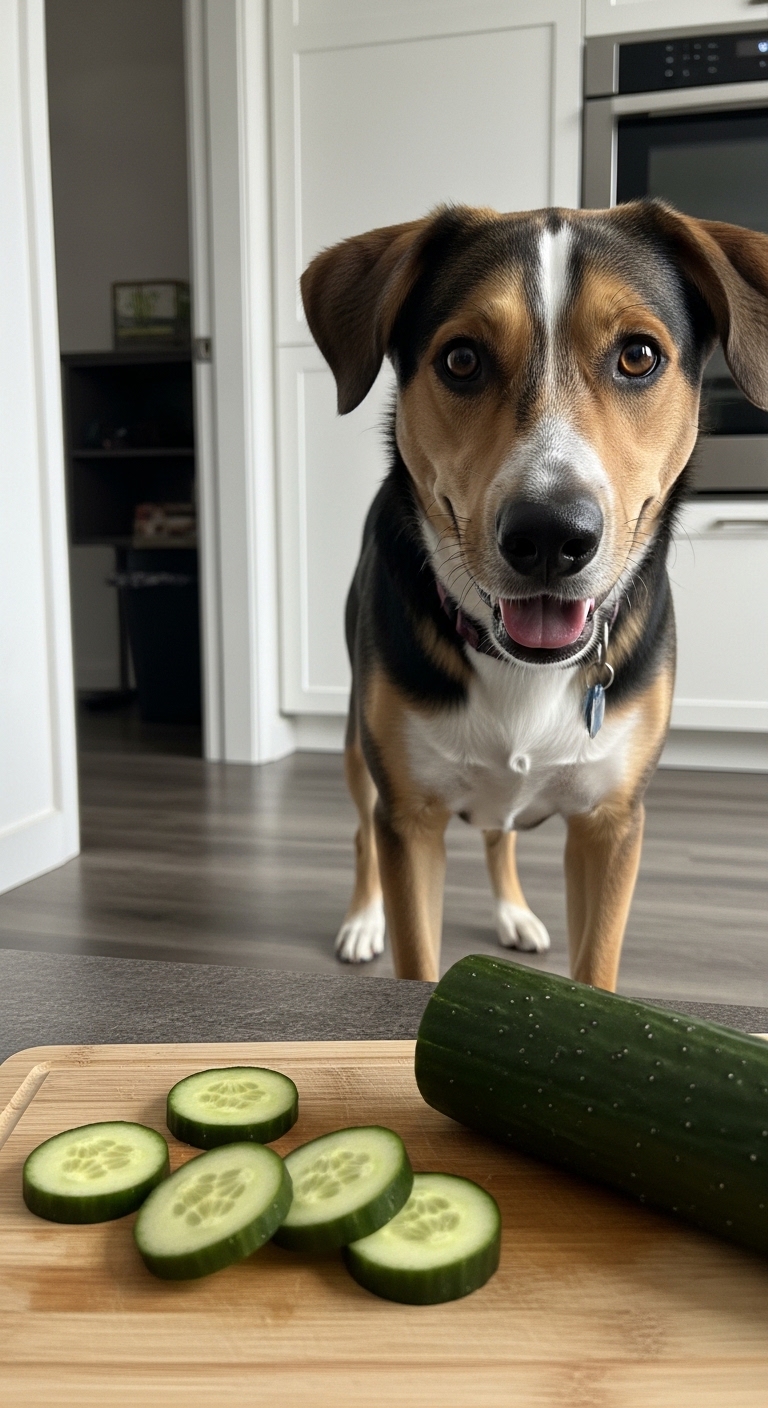 A dog is standing in front of a cucumber.