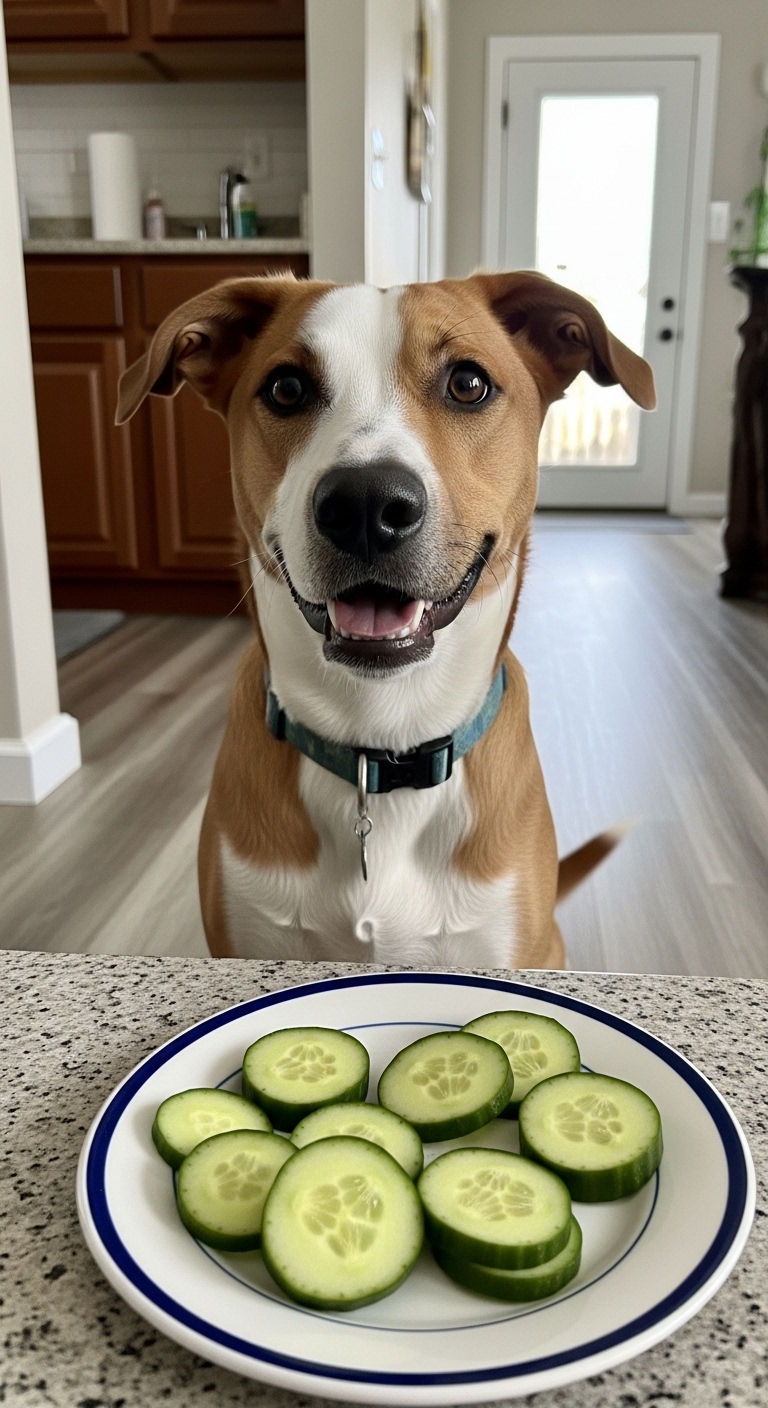 A dog is sitting on a table with a plate of cucumbers in front of him.