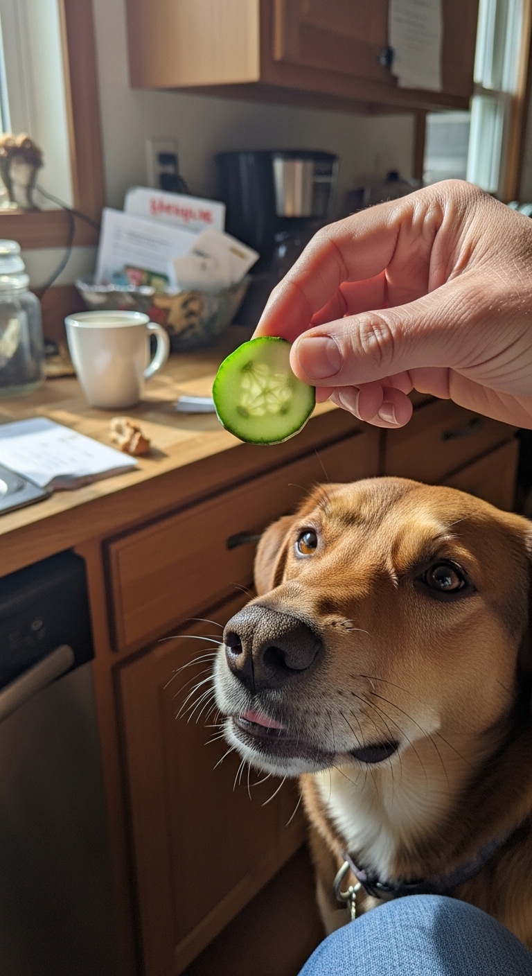 A dog is eating a cucumber.