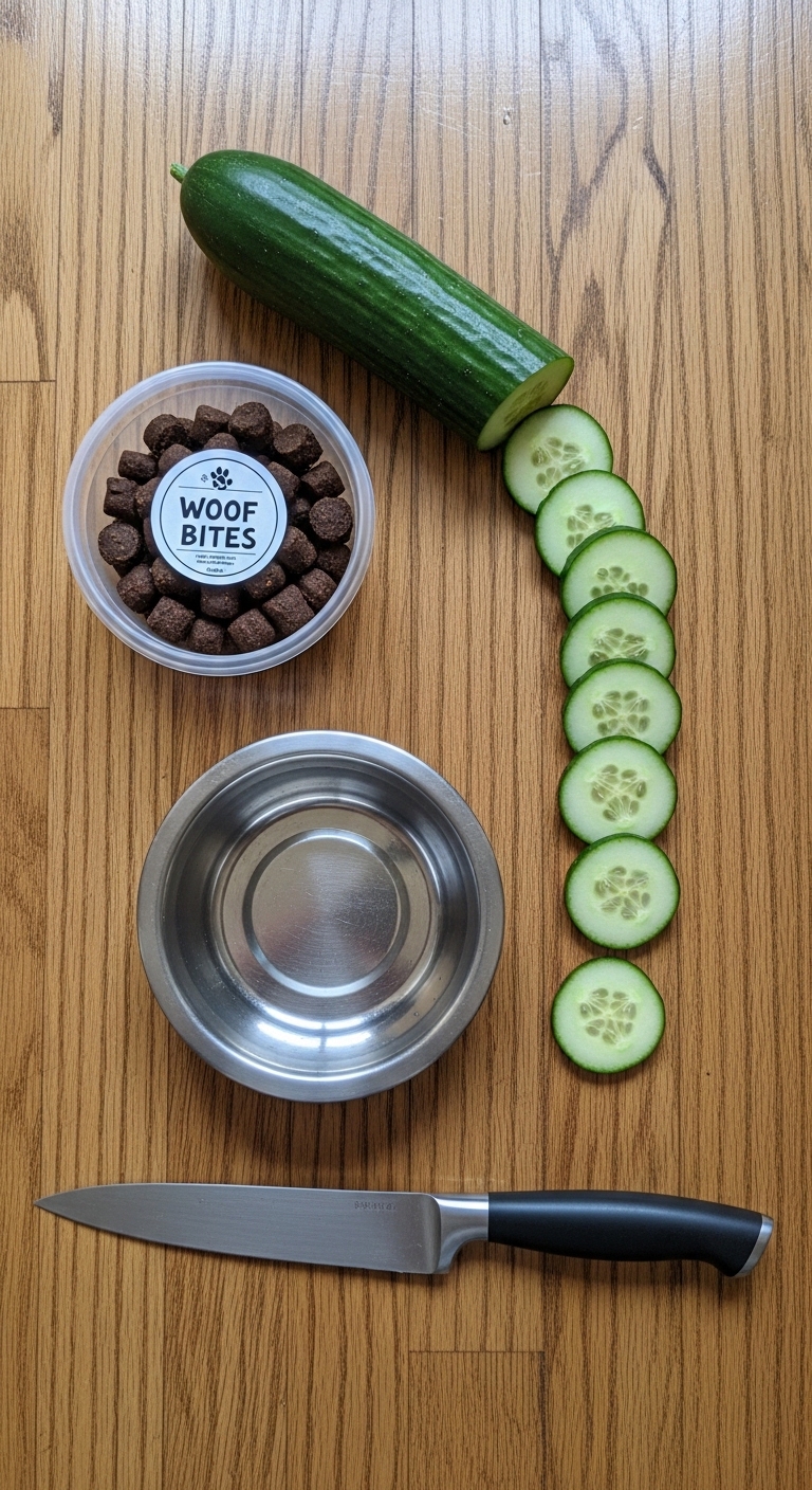 A bowl of dog food and a cucumber.