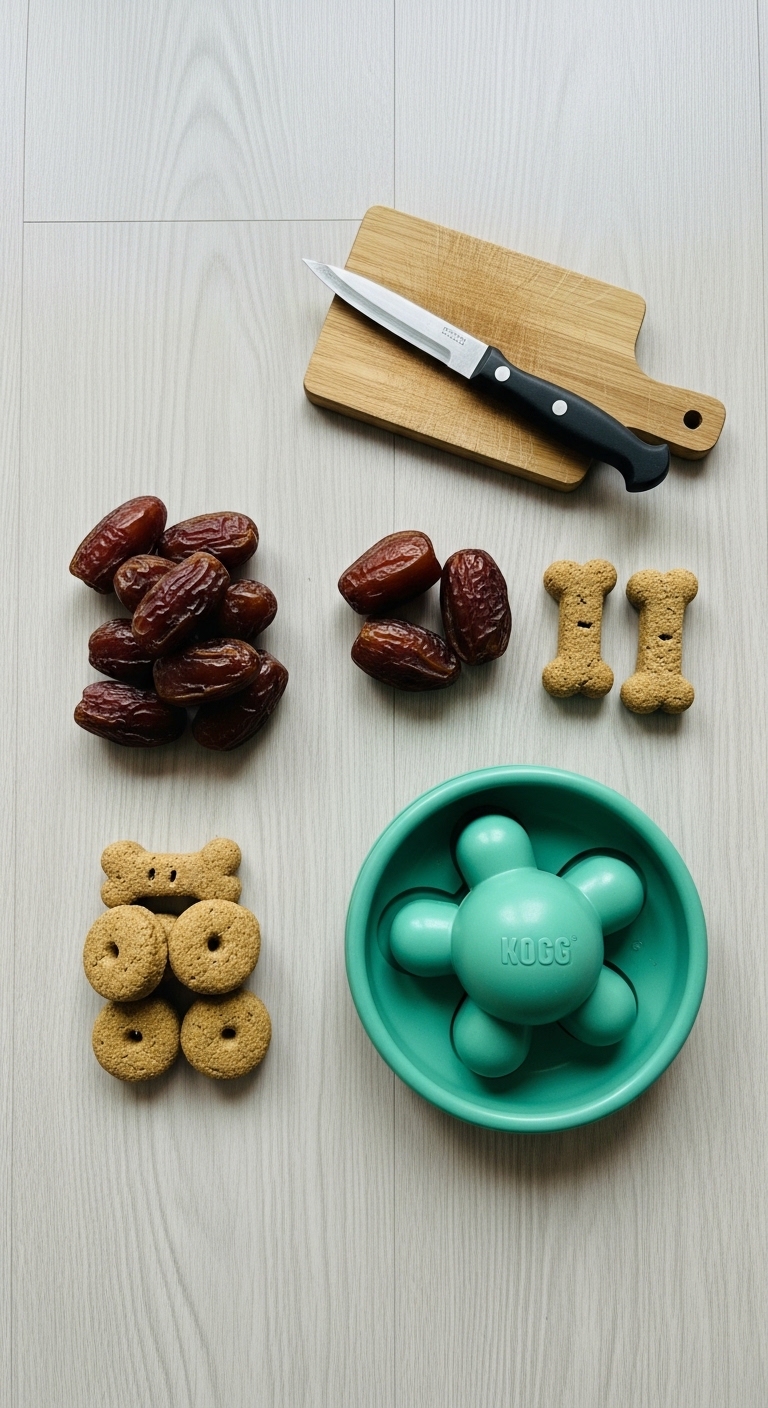 A bowl of dog food sits on a table with a knife and a bunch of dates.