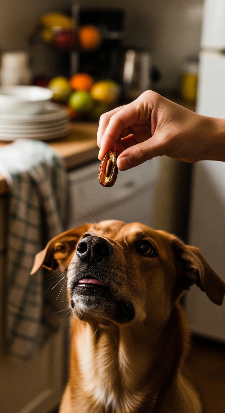 A dog is eating a date.
