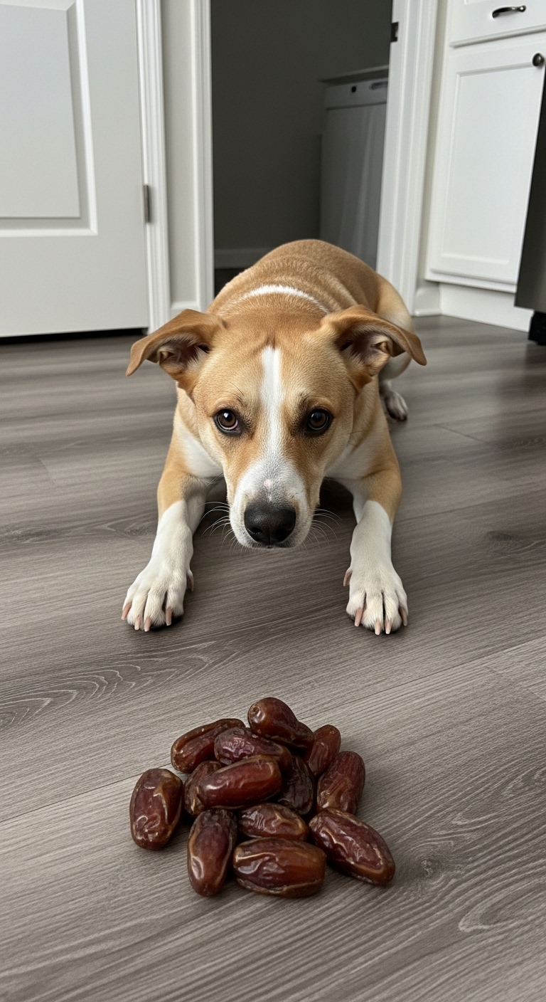 A dog is eating a date.