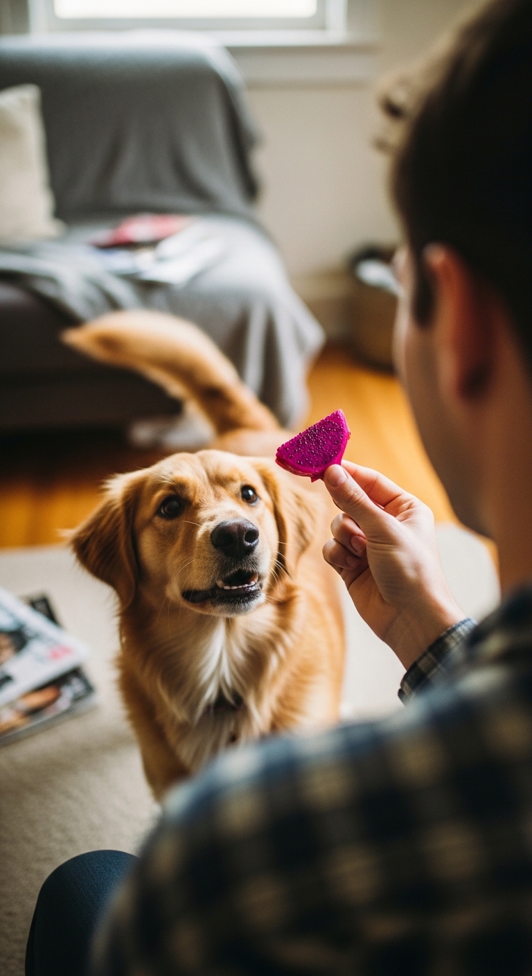 A man is feeding a dog a piece of dragon fruit.