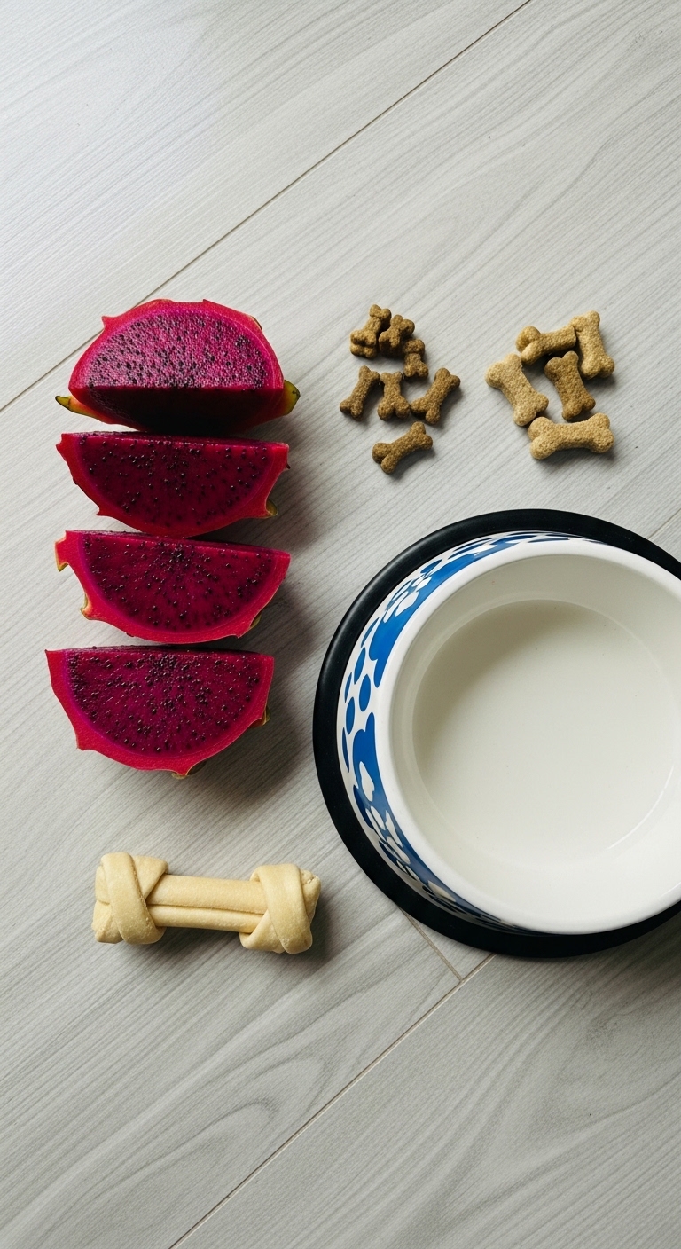 A bowl of dog food sits next to a dragon fruit.