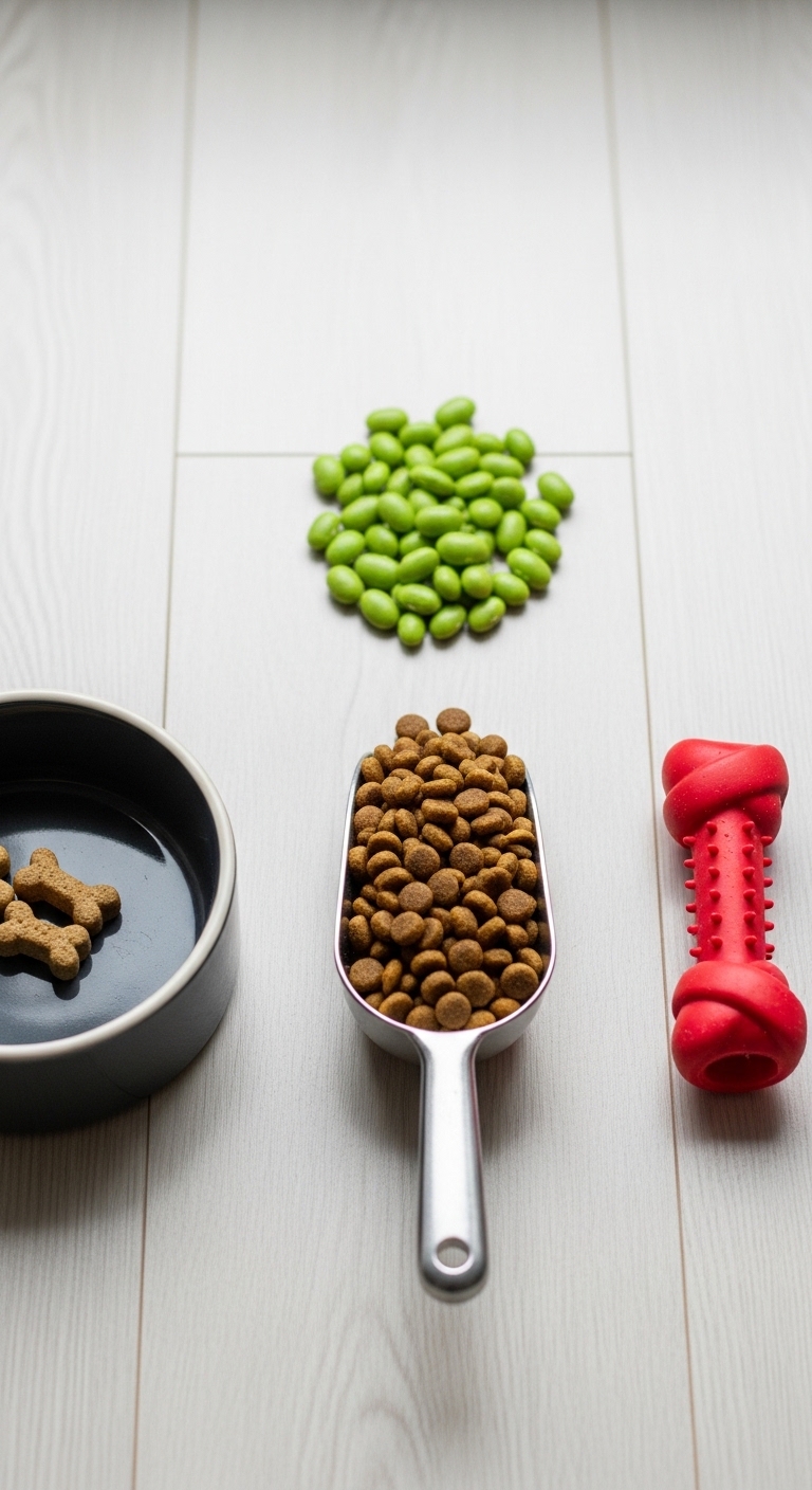 A bowl of dog food sits on a table next to a spoon and a bowl of edamame.