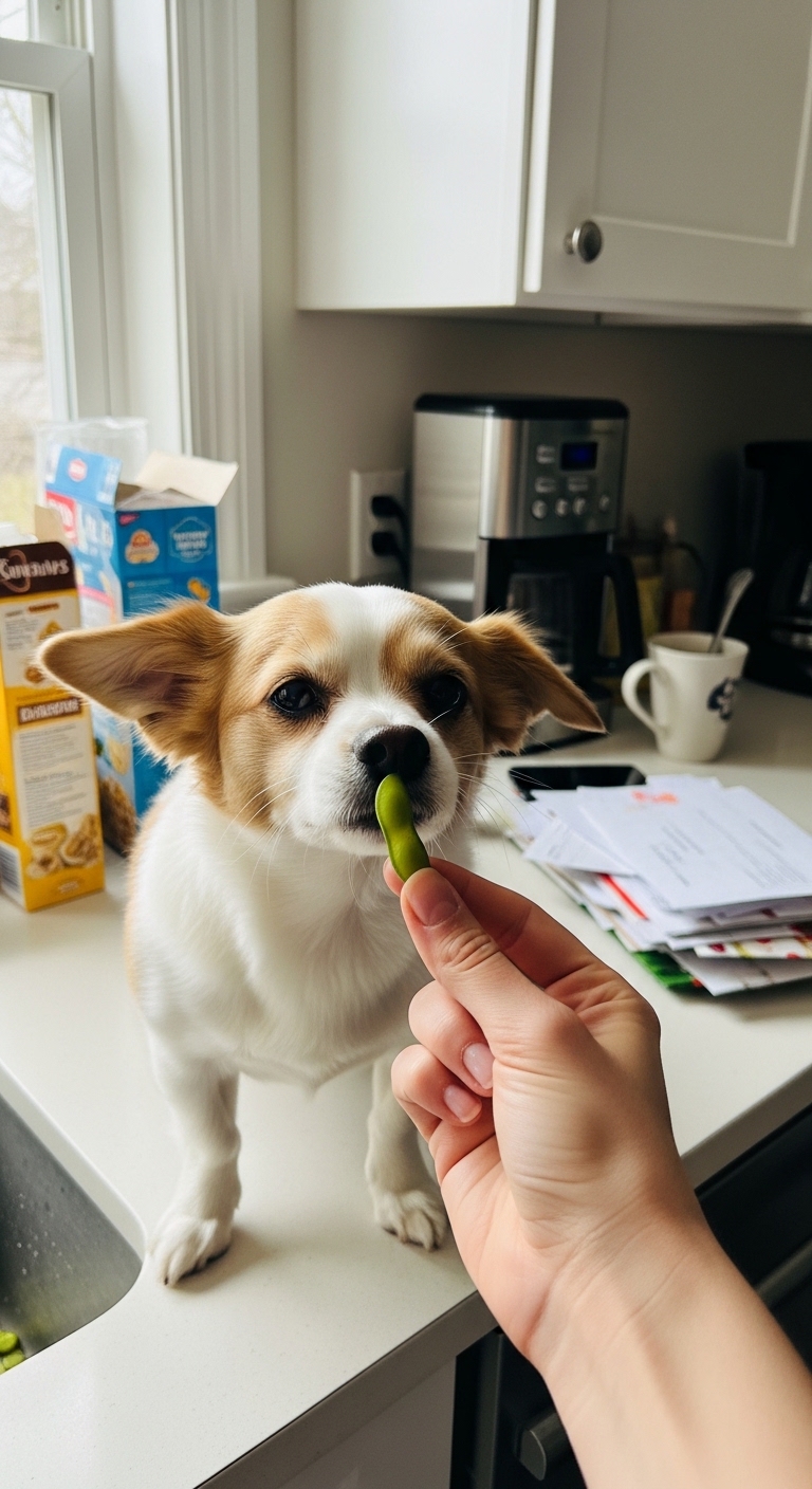 A dog eating a green bean.
