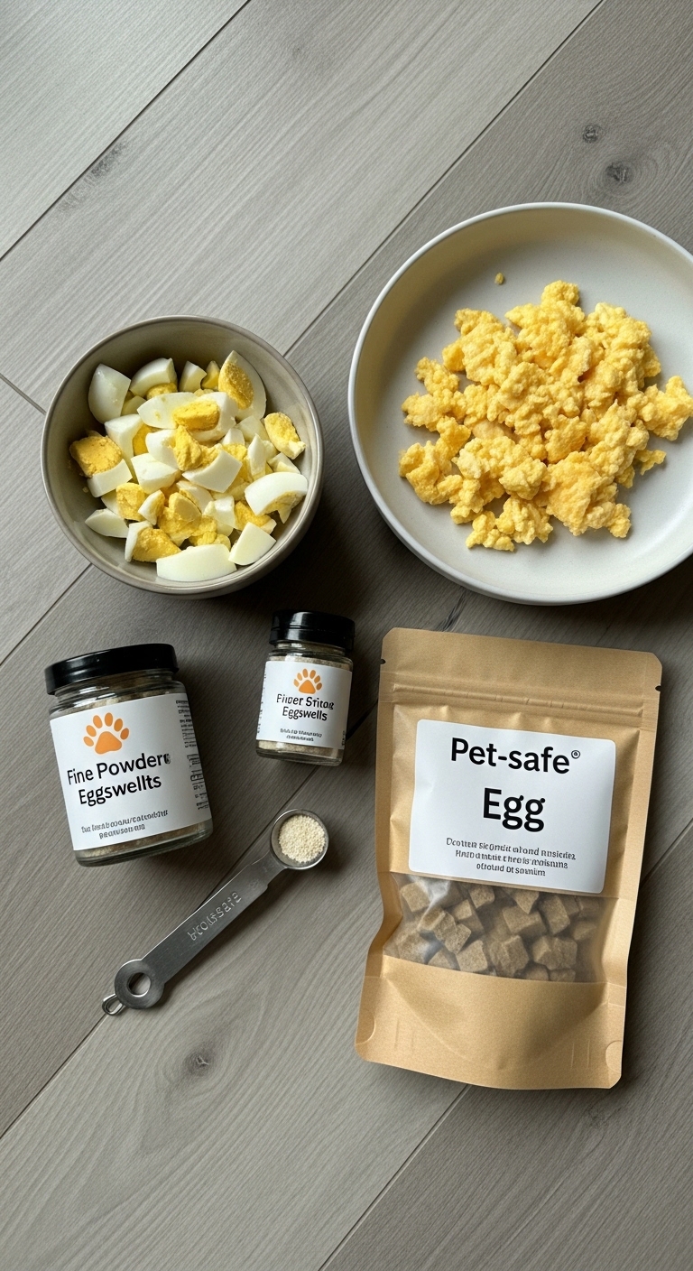 A bowl of eggs and a bag of dog food.