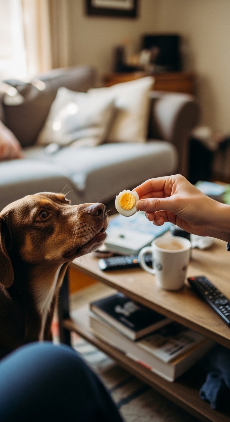 A person is feeding a dog an egg.