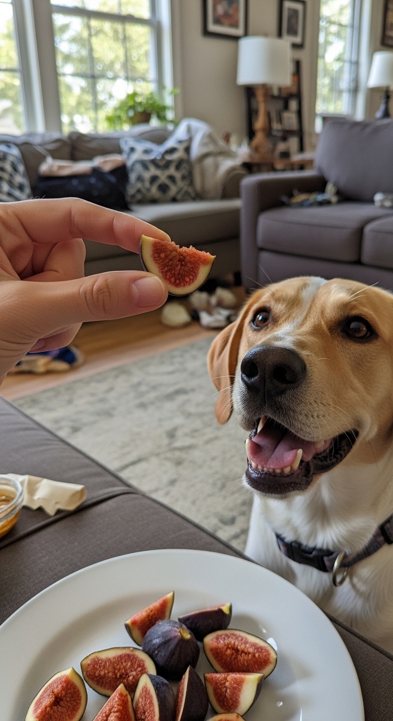 A dog is eating a fig from a person's hand.