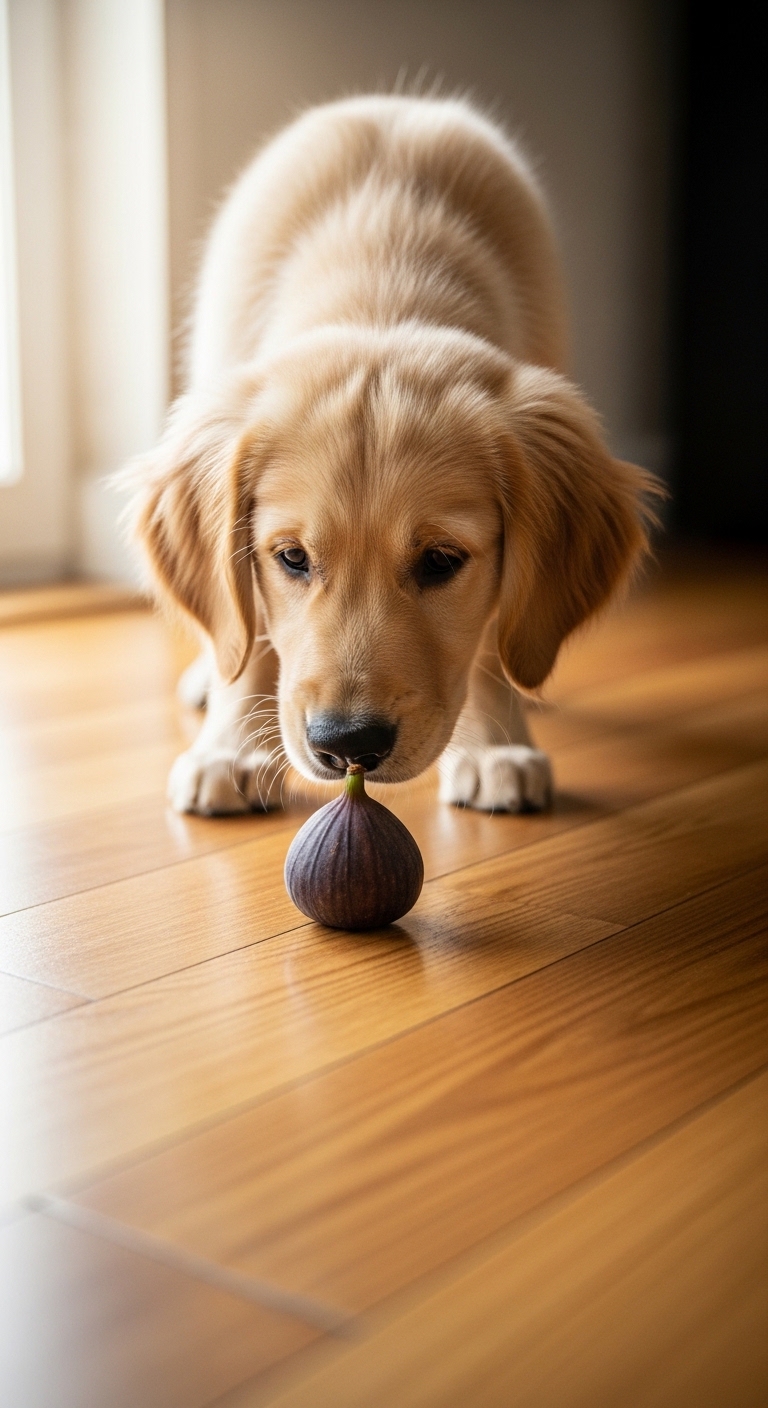 A dog is sniffing a fig.