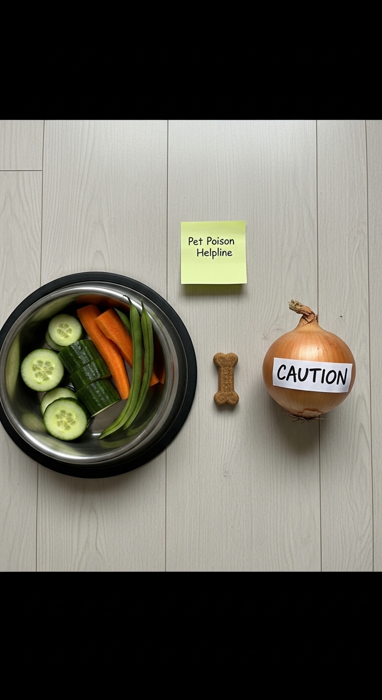 A bowl of vegetables with a note that says "pet poison" on it.