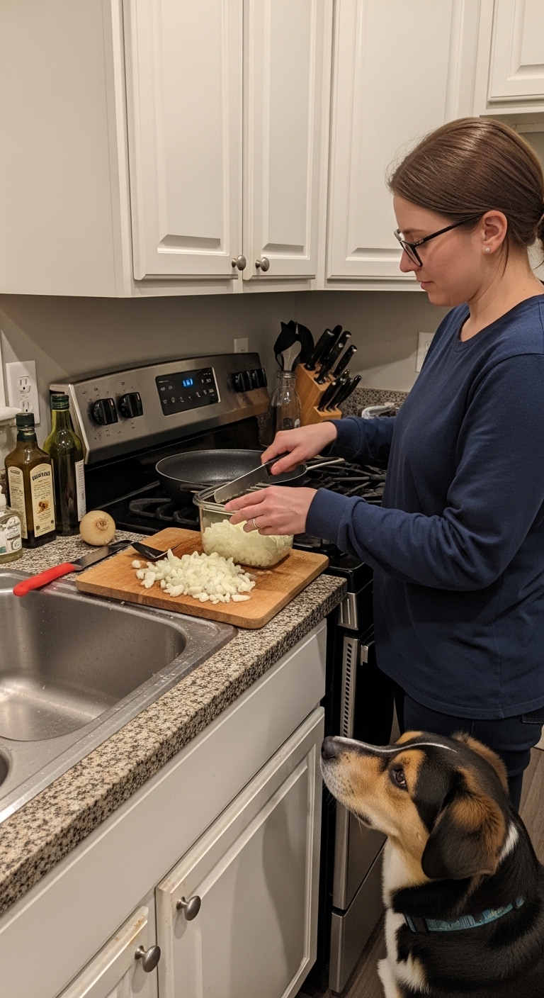 A woman prepares food with onions in front of her dog.