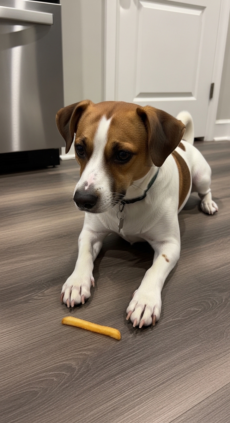 A dog is laying on the floor with a french fry in its mouth.