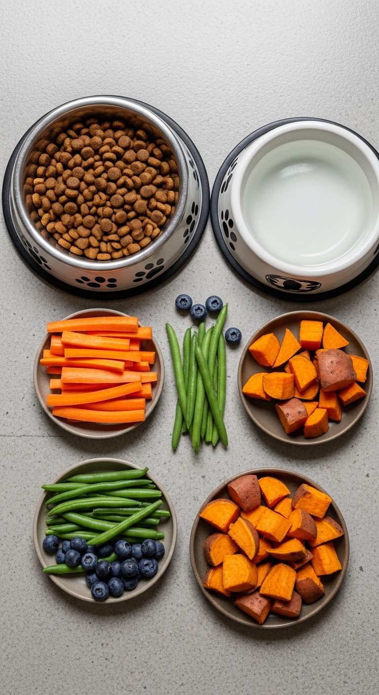 A bowl of food with a carrot and a blueberry.
