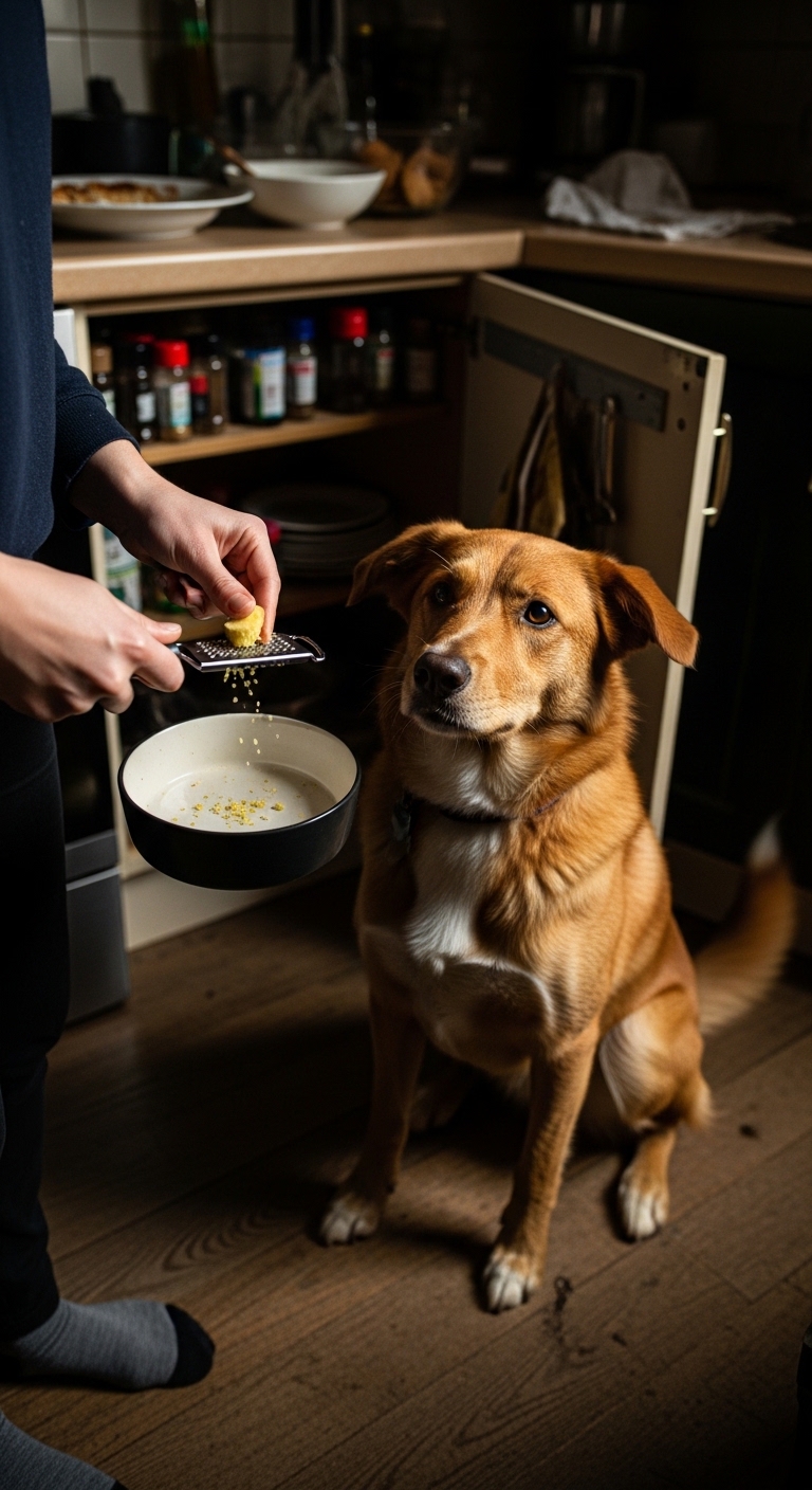 A dog is eating something out of a bowl.