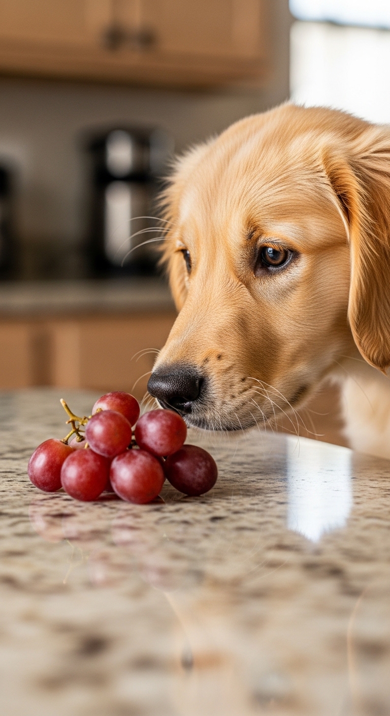 A dog sniffing a bunch of grapes.