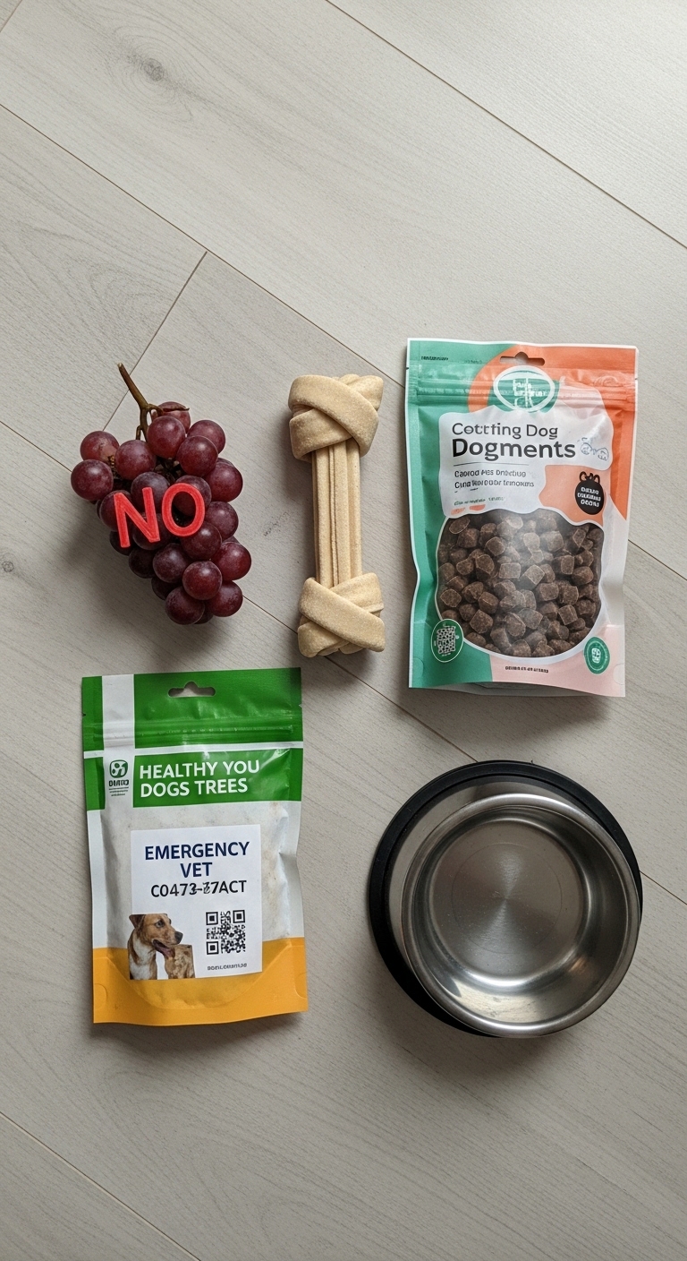 A bag of dog food sits next to a bag of grapes.