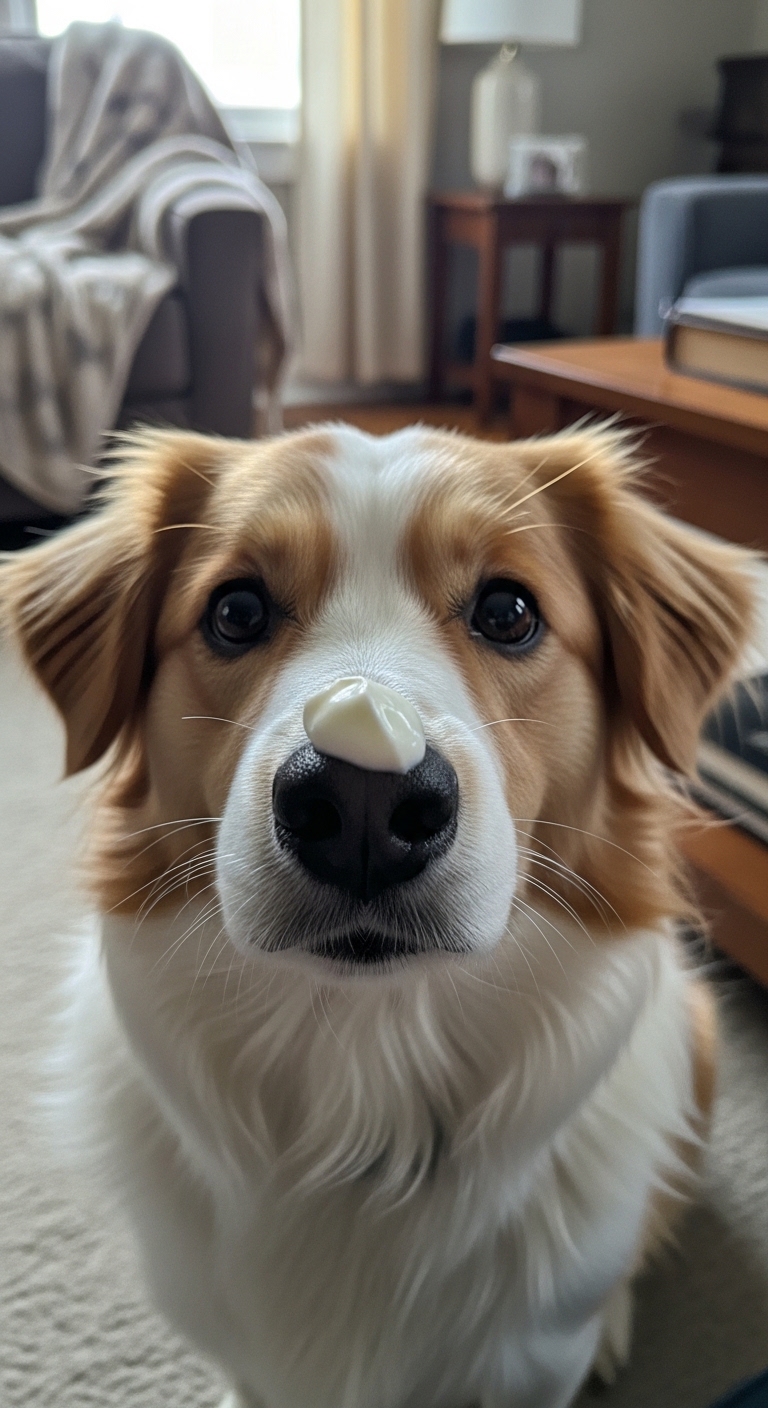 A dog with a spoonful of yogurt in its mouth.