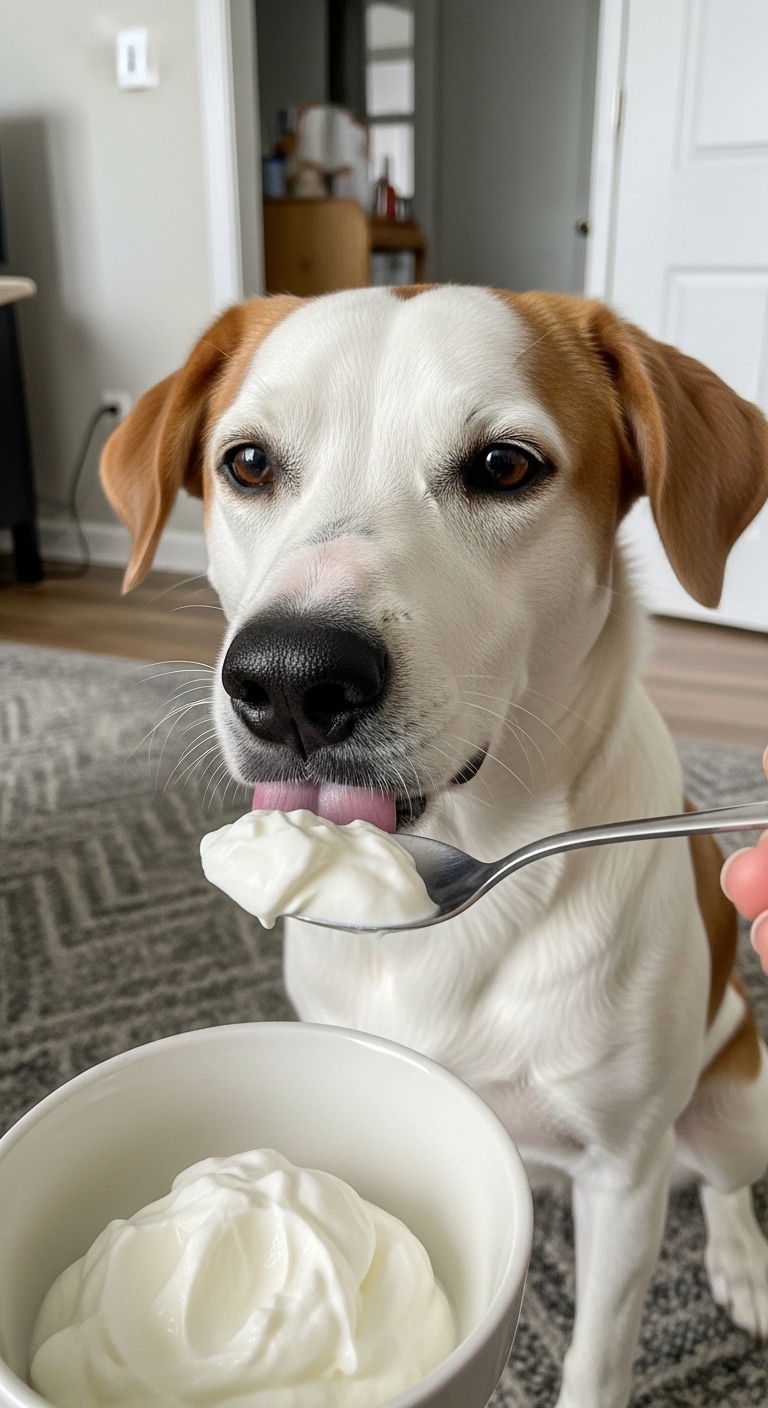A dog eating yogurt from a spoon.