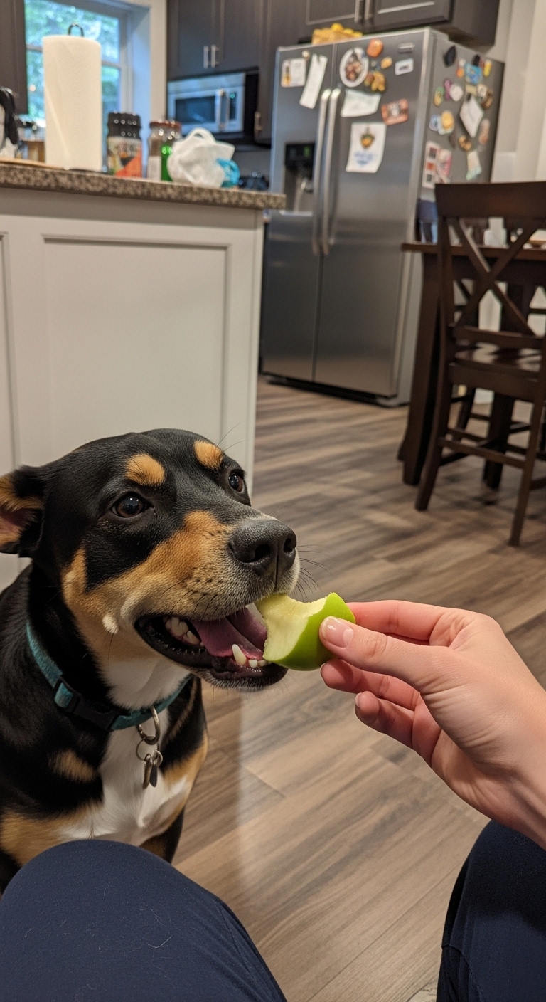 A dog eating a green apple.