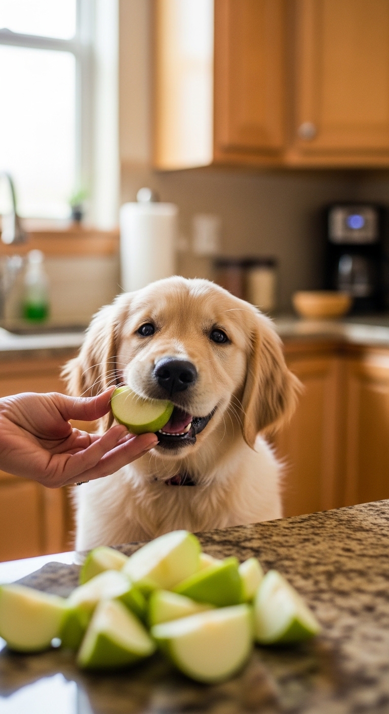 A dog eating a green apple.