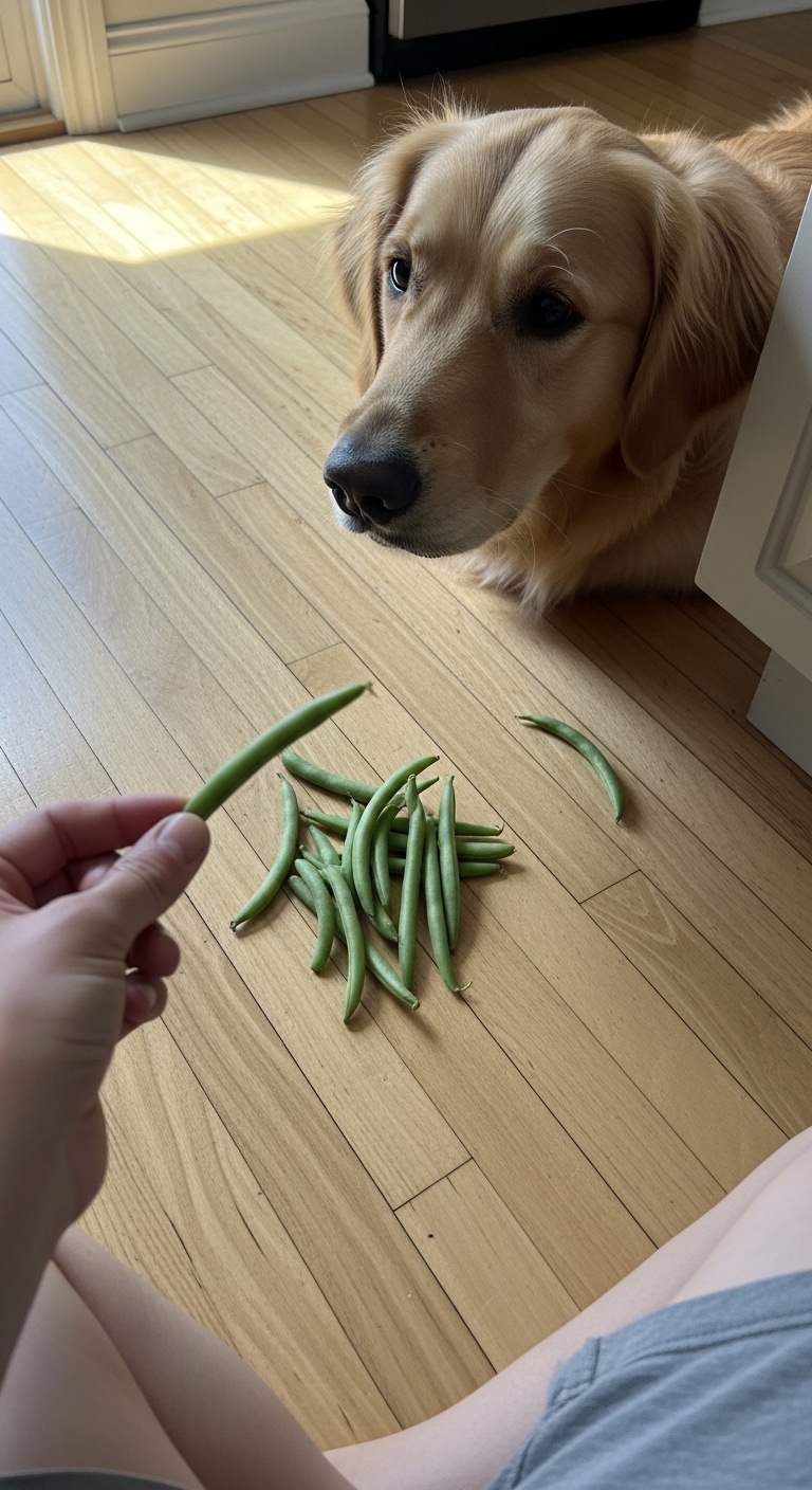 A dog is eating green beans.