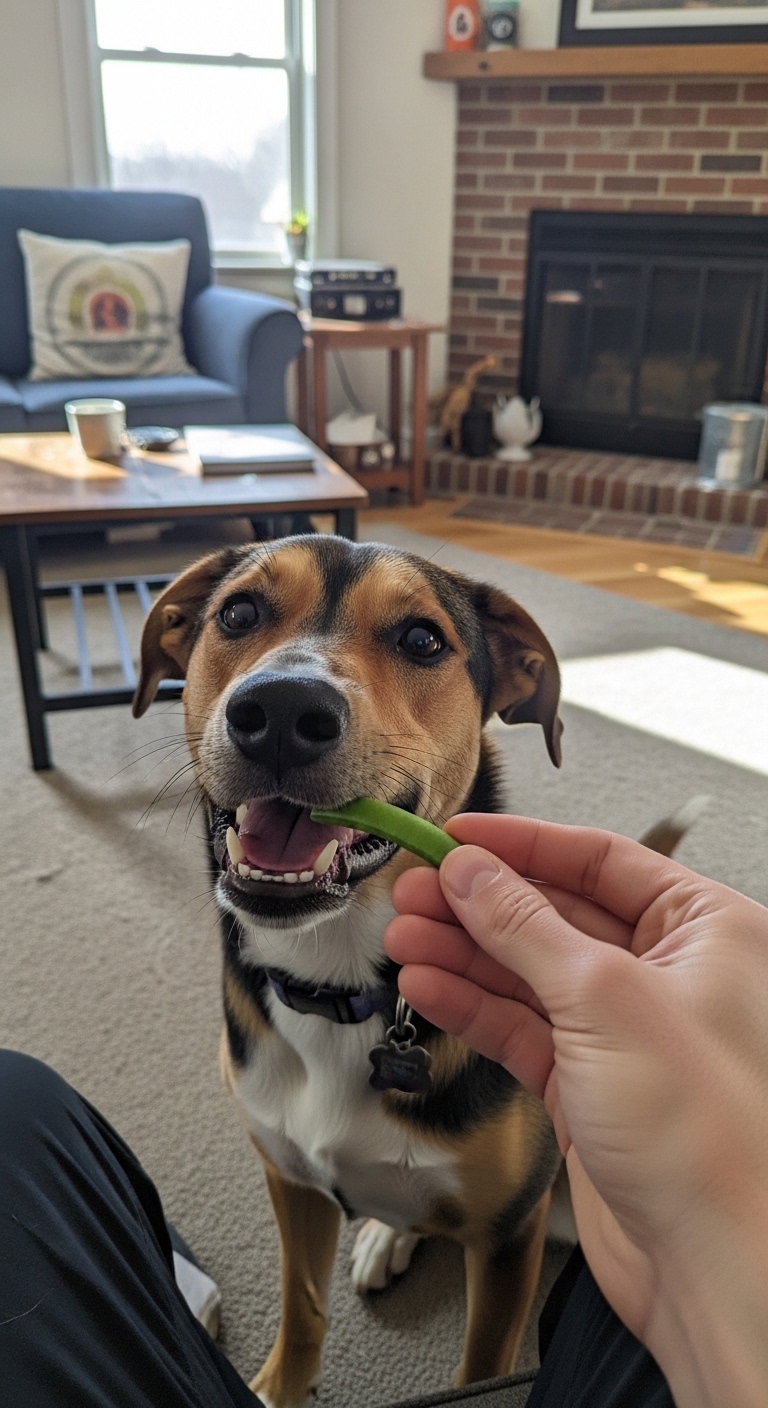 A dog eating a green bean.