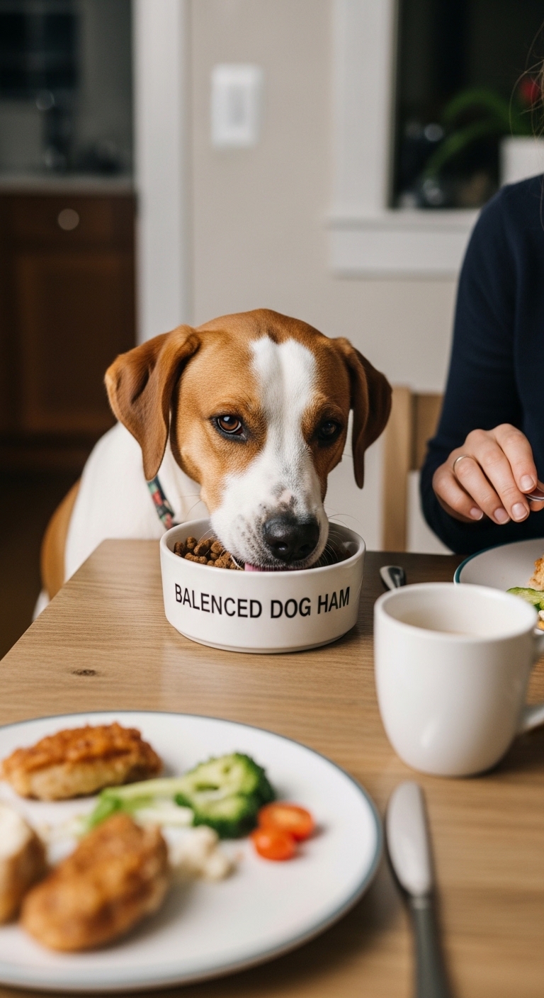A dog eating from a balanced dog ham bowl.