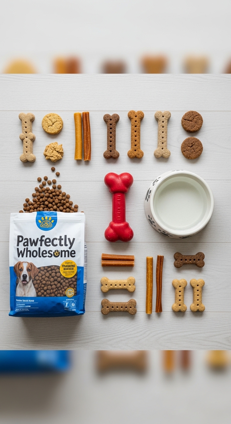 A bag of dog food and a bowl of dog treats.