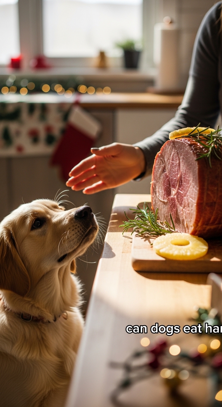 A dog looking at a ham on a table.