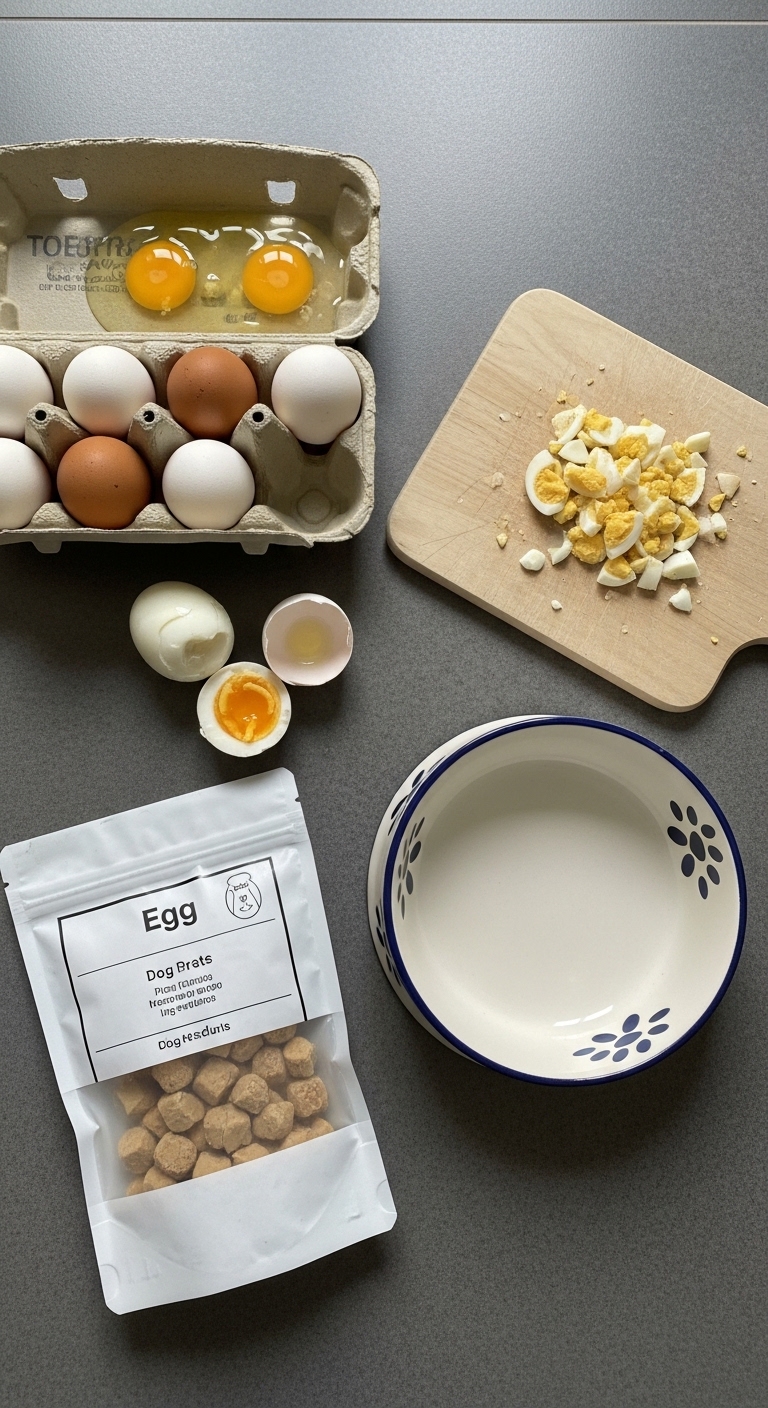 Hard boiled eggs and dog food on a table.