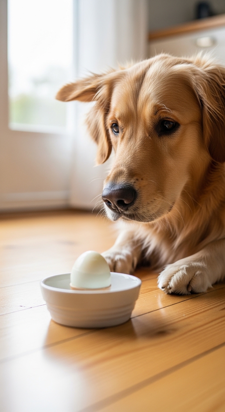 A dog is sniffing a hard boiled egg.