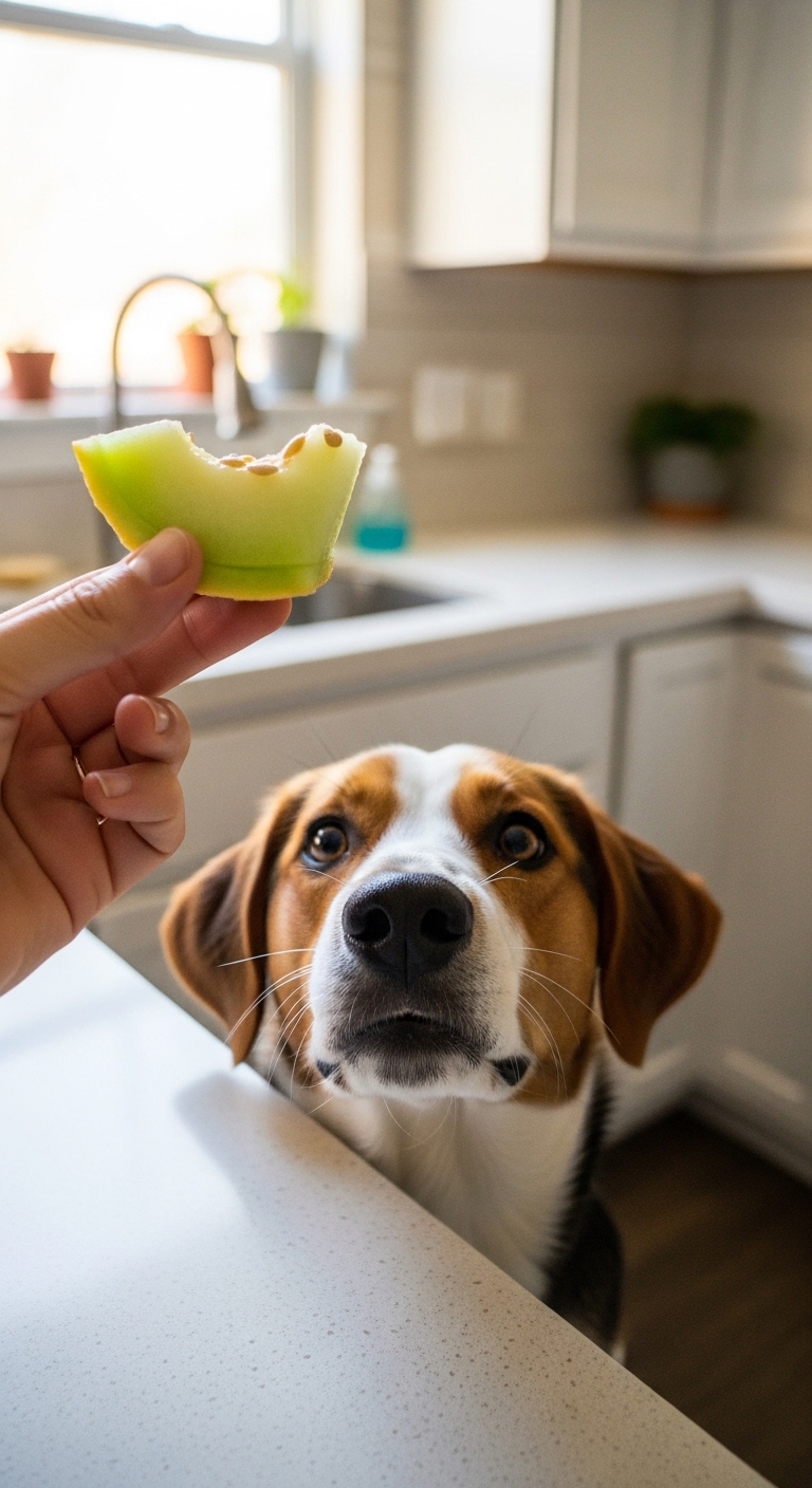 A dog is looking up at a person holding a piece of honeydew.