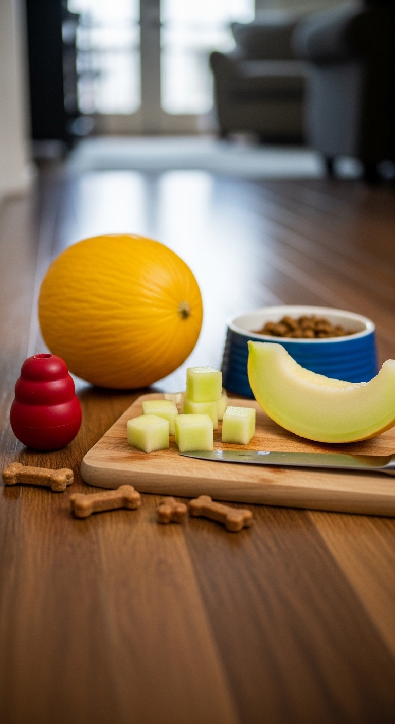 A bowl of cat food sits next to a cut up melon.