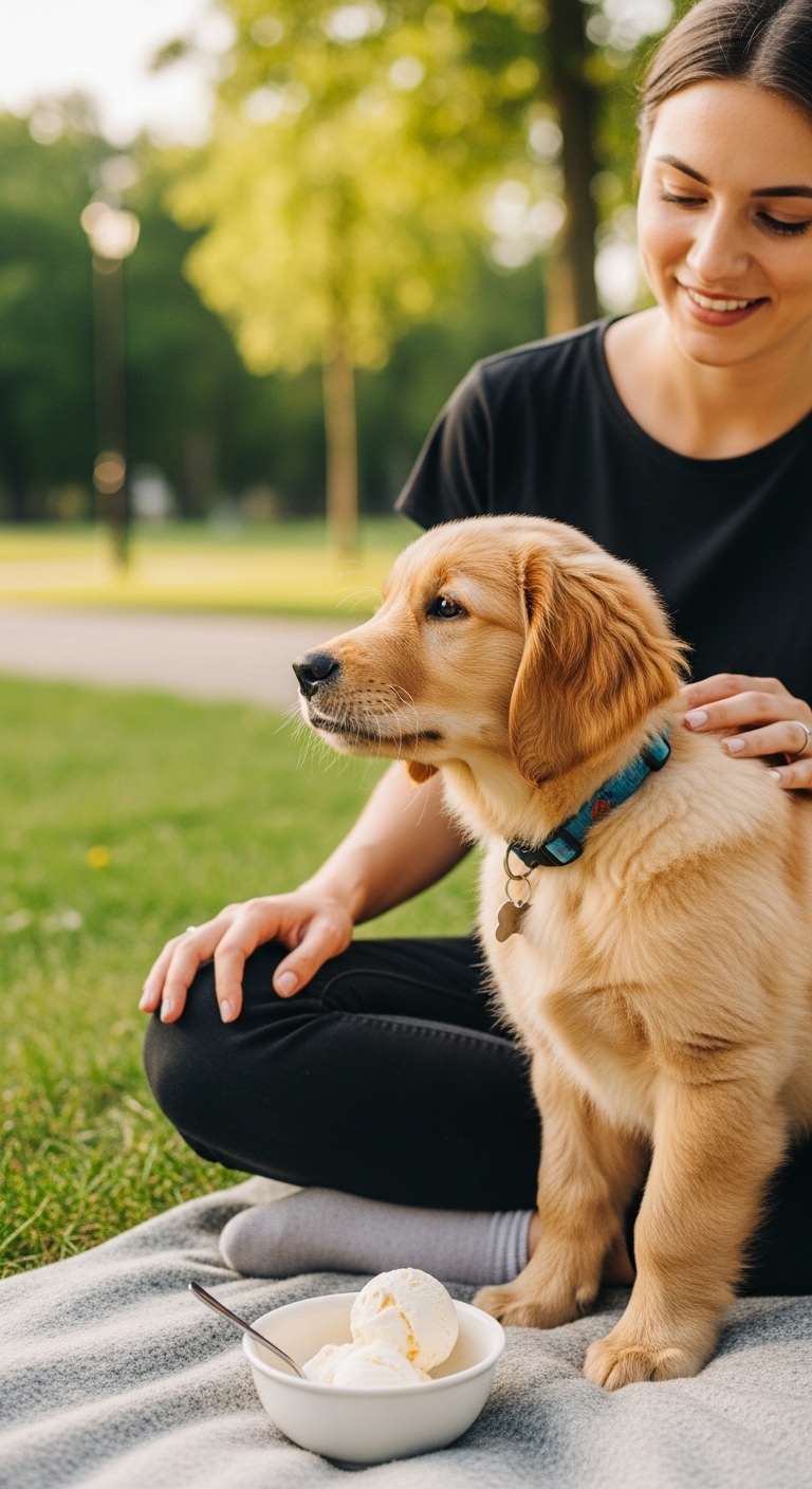 A woman is sitting on the grass with a dog.