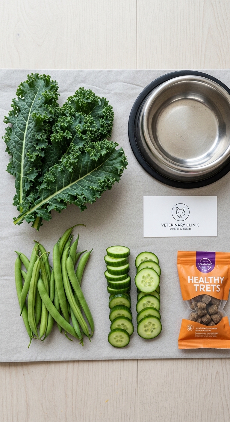 A bowl of food sits next to a pile of kale and cucumbers.
