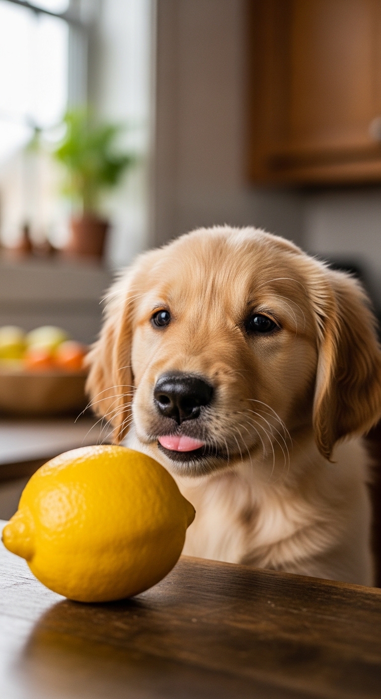 A dog with a lemon in its mouth.