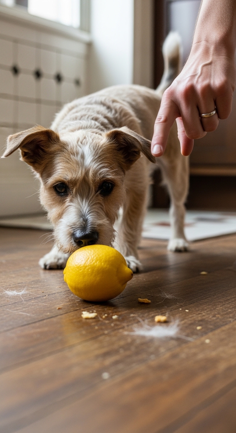 A dog is eating a lemon.